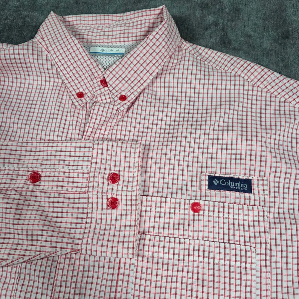 Columbia PFG Mens XL Red White Check Long Sleeve Fishing Shirt Omni-Shade Vented